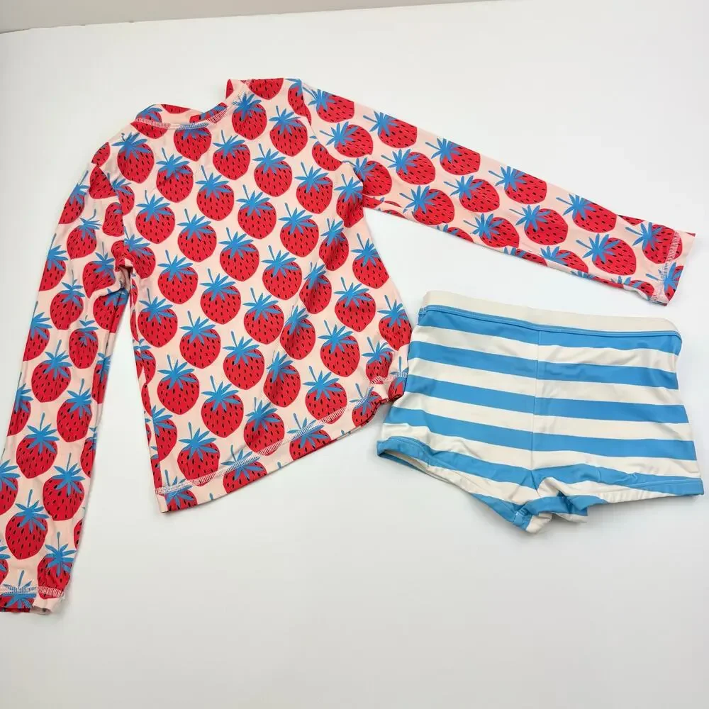 Hanna Andersson Strawberry Print Mixie Rash Guard Swimsuit, Size 8
